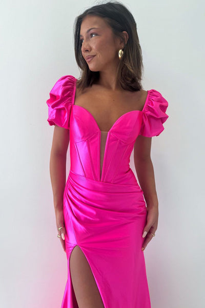 Mermaid V Neck Short Sleeves Hot Pink Satin Long Homecoming Dress with Slit VK24082906