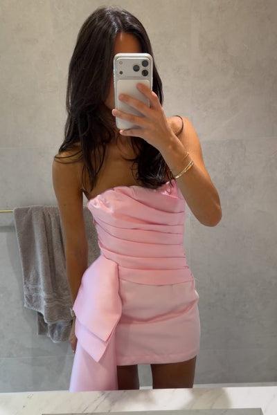 Modest Pink Strapless Pleats Ribbon Short Homecoming Cocktail Dress