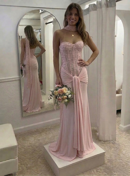Mermaid Pink Sequined Ruched Prom Dress Strapless Floor-length Sparkly Formal Dress with Scarf Wedding Guest