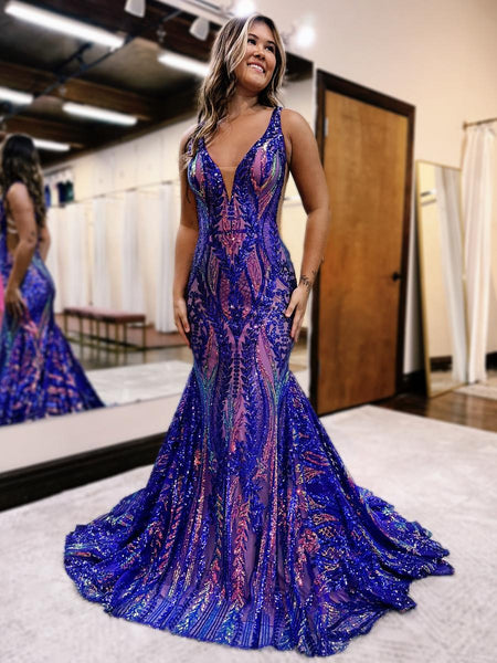 Mermaid V Neck Blue Sequin Lace Long Prom Dresses VK23100607