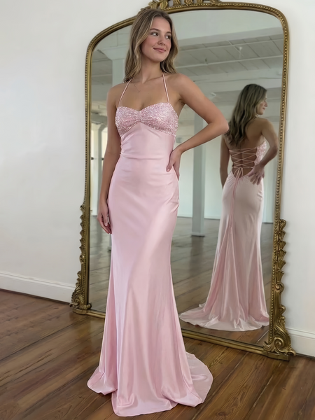 Sheath/Column Prom Dresses Sequins Satin Halter Elegant Floor-length Sleeveless Long Prom Dresses