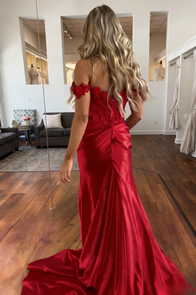 Trumpet/Mermaid Long Prom Dresses Satin Formal Dresses Off The Shoulder Split With Floral
