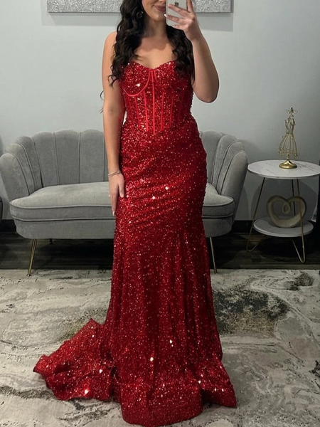 Trumpet/Mermaid Sequins Prom Dress Basque Waist Spaghetti Straps Floor-Length Long Sparkle Corset Prom Dress Evening Dress