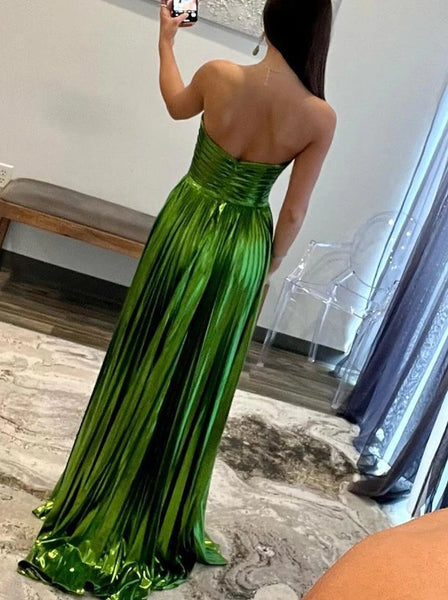 A-Line/Princess Long Prom Dress Metallic Satin Party Dress Strapless Sweetheart Sleeveless Floor-length With Side Split