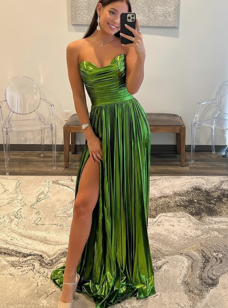 A-Line/Princess Long Prom Dress Metallic Satin Party Dress Strapless Sweetheart Sleeveless Floor-length With Side Split