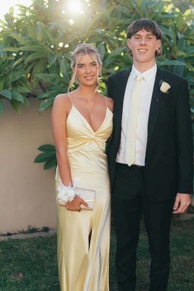 Straps Yellow Sheath Twist V Neck Long Party Prom Dress VK26031525