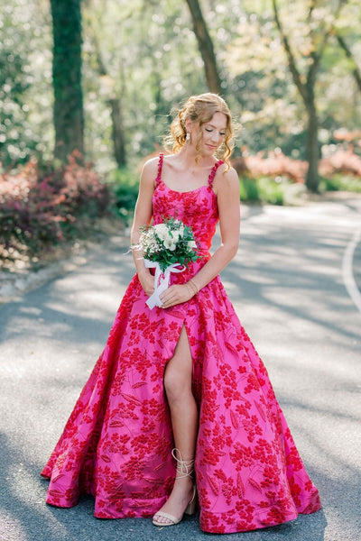 Floral Jacquard Satin Fuchsia A-line Long Prom Dress with  Slt