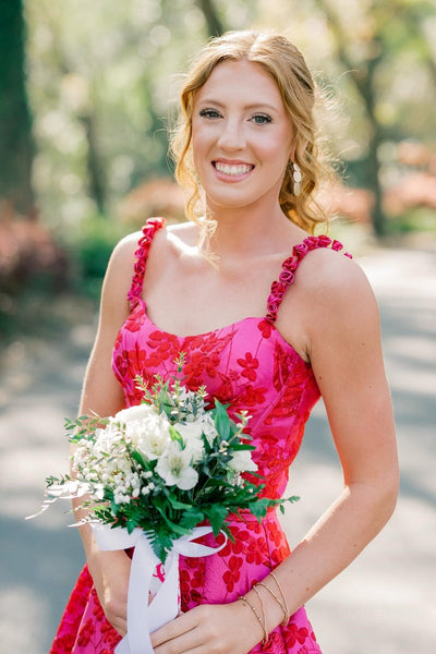 Floral Jacquard Satin Fuchsia A-line Long Prom Dress with  Slt