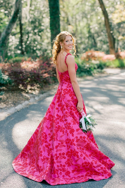 Floral Jacquard Satin Fuchsia A-line Long Prom Dress with  Slt