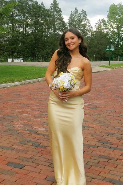 Sweetheart Sheath Yellow Satin Ruched Fitted Long Dress VK26031523