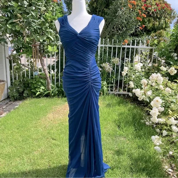 Vintage Fashion Mermaid V Neckline Navy Blue Floor Length Evening Dress Prom Dresses VK18801