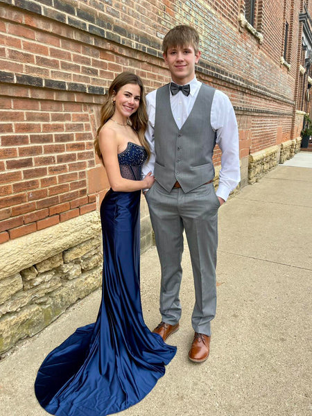 Navy Blue Beaded Corset Satin Long Prom Dress with Slit – Vickidress