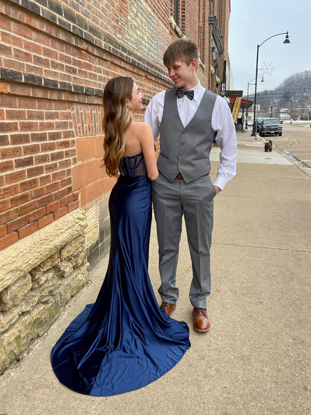 Navy Blue Beaded Corset Satin Long Prom Dress with Slit Vickidress Navy Blue Beaded Corset Satin Long Prom Dress with Slit Vickidress