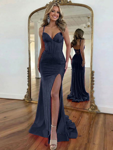 Hot Pink Lace-Up Back Corset Shimmer Prom Dresses with Slit VK26031513