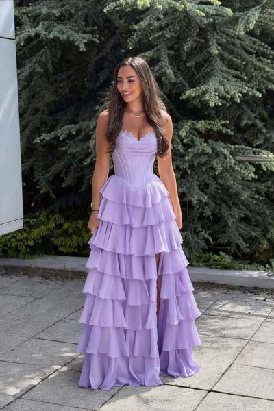 Pink Corset Chiffon Tiered Formal Prom Gown