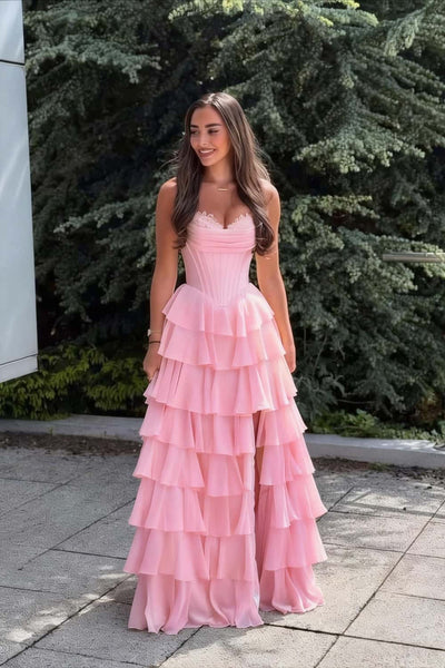 Pink Corset Chiffon Tiered Formal Prom Gown