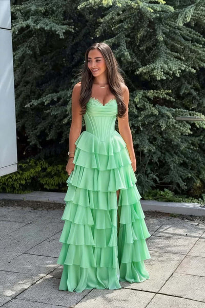 Pink Corset Chiffon Tiered Formal Prom Gown