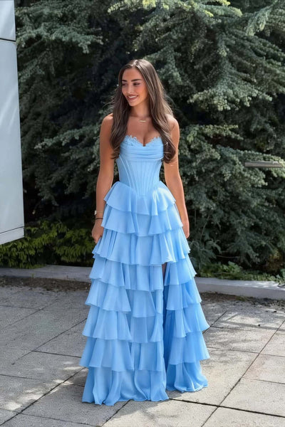 Pink Corset Chiffon Tiered Formal Prom Gown