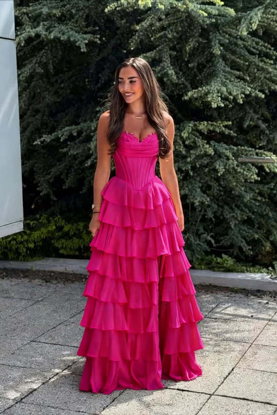 Pink Corset Chiffon Tiered Formal Prom Gown