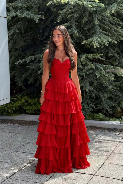 Pink Corset Chiffon Tiered Formal Prom Gown