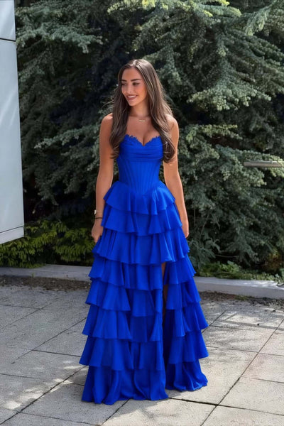 Pink Corset Chiffon Tiered Formal Prom Gown