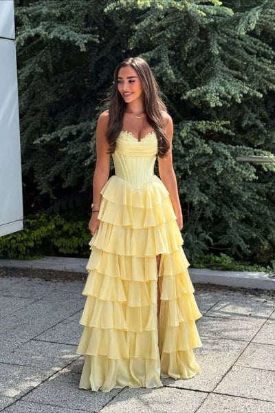 Pink Corset Chiffon Tiered Formal Prom Gown