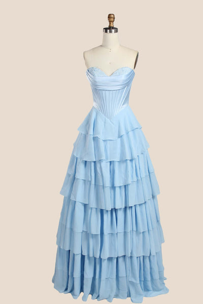 Pink Corset Chiffon Tiered Formal Prom Gown
