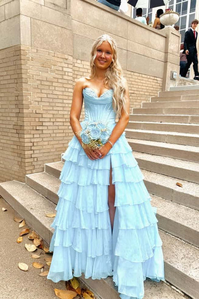 Pink Corset Chiffon Tiered Formal Prom Gown