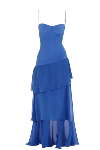 Straps Butter Yellow Chiffon Ruffle Maxi Prom Dress