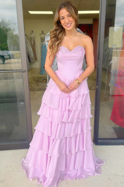 Blue Beaded Corset Chiffon Ruffle Prom Dress