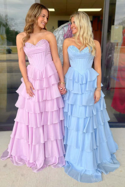 Blue Beaded Corset Chiffon Ruffle Prom Dress