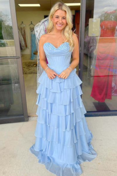 Blue Beaded Corset Chiffon Ruffle Prom Dress