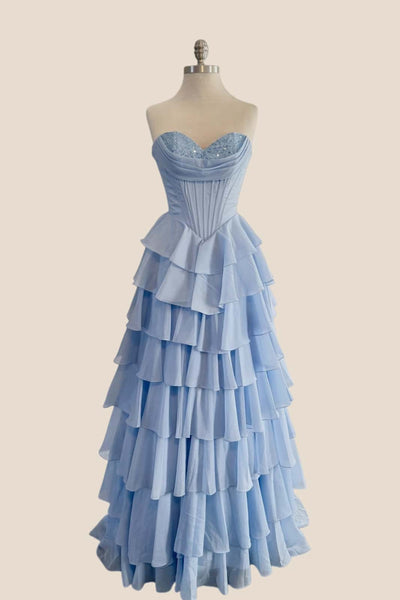 Blue Beaded Corset Chiffon Ruffle Prom Dress