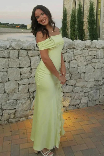 Off-Shoulder Sleeveless Satin Sheath Leg Slit Party Prom Dress