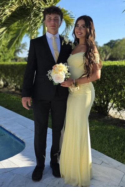 Off-Shoulder Yellow Pleats Mermaid Long Prom Dress