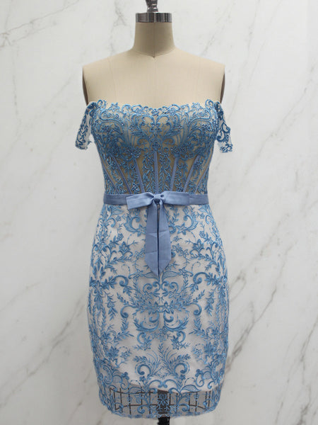 Off-Shoulder Lace Bodycon Homecoming Dress with Bow Waist