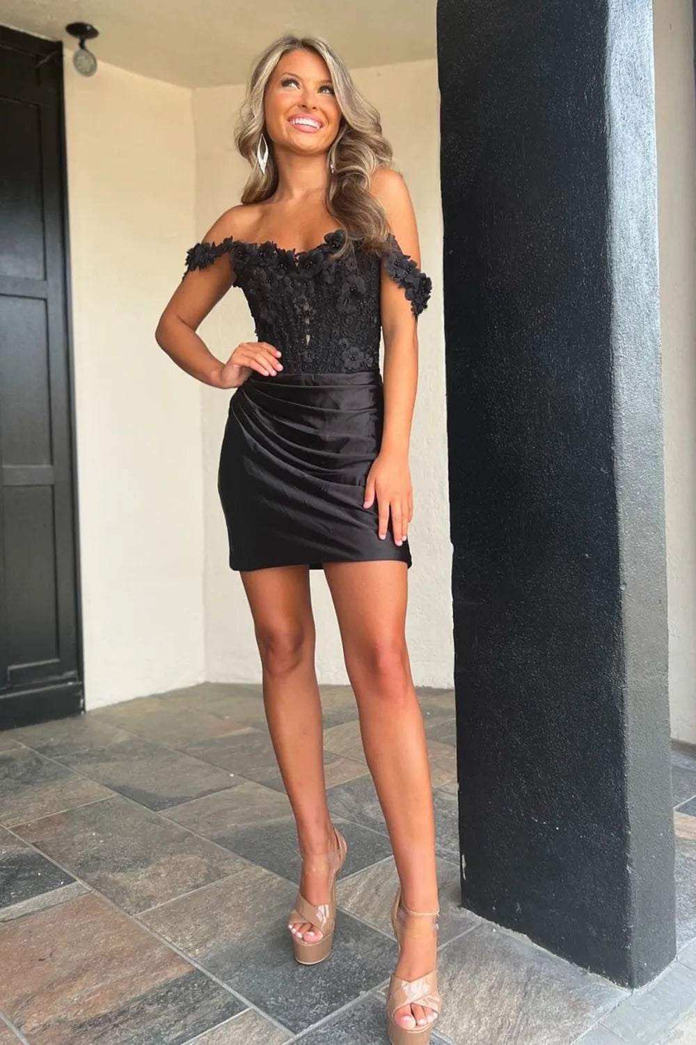 Off the Shoulder Black Satin Tight Short Homecoming Dresses with Appliques VK24083102