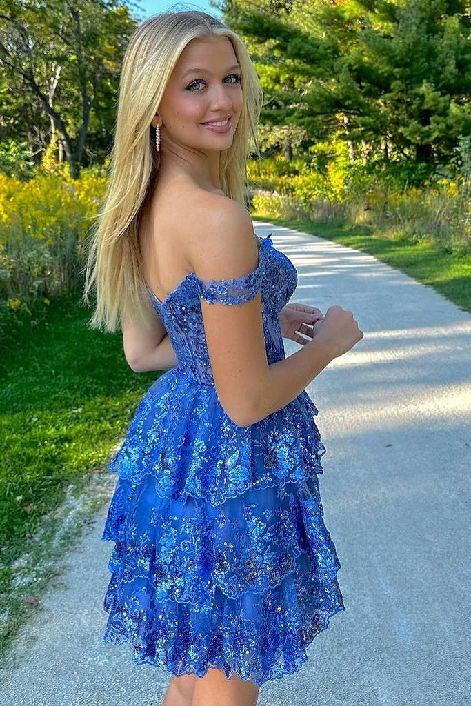 Off the Shoulder Blue Sequin Lace Short Homecoming Dresses VK23101208