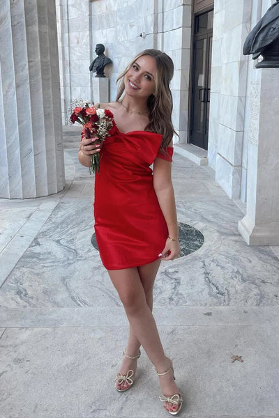 Off the Shoulder Red Bow Front Short Dress