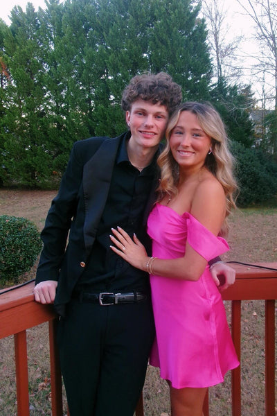 Off the Shoulder Watermelon Satin Short Dress