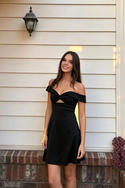 Off the Shoulder Black Short Dress with Keyhole