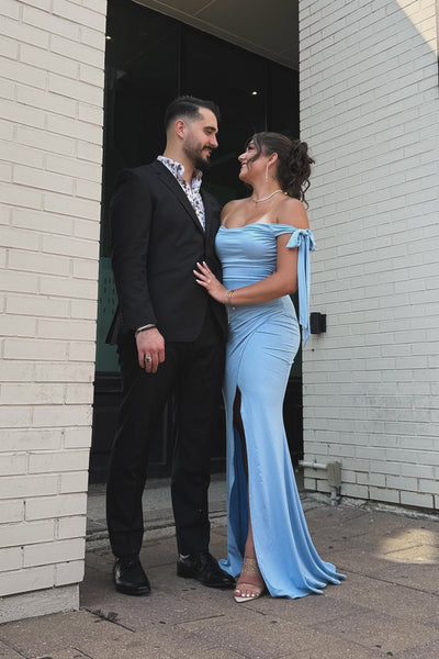 Off the Shoulder Blue Mermaid Long Dress with Slit