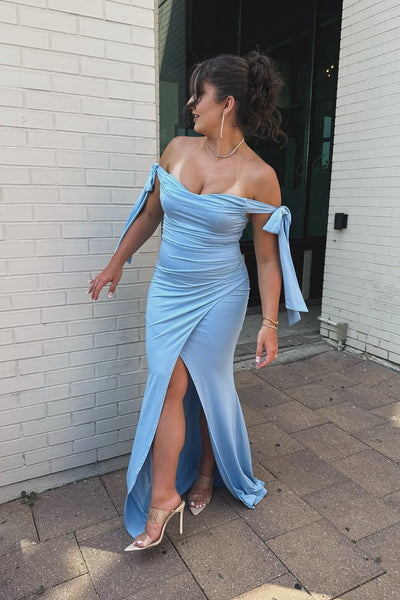 Off the Shoulder Blue Mermaid Long Dress with Slit