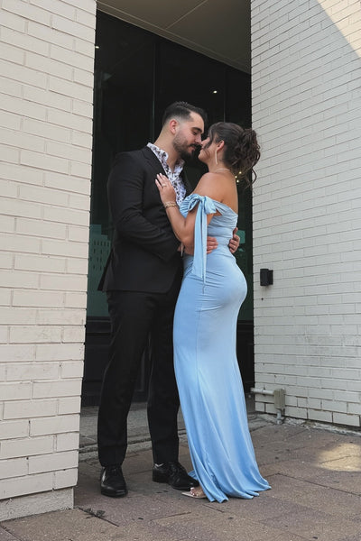 Off the Shoulder Blue Mermaid Long Dress with Slit