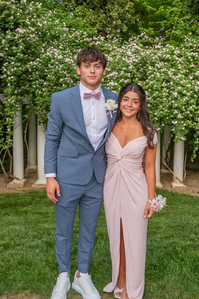 Off the Shoulder Blush Pink Knot Maxi Dress with Slit