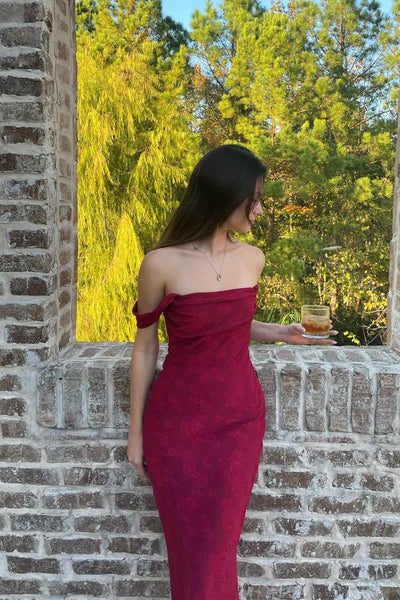 Off the Shoulder Burgundy Jacquard Sheath Long Dress