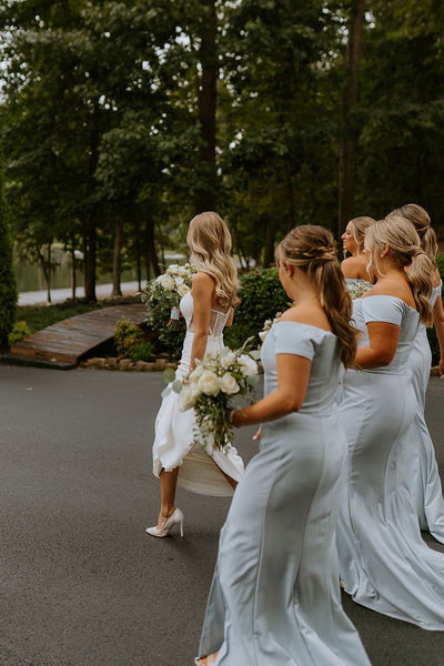 Off the Shoulder Dusty Blue Bridesmaid Dress with Slit