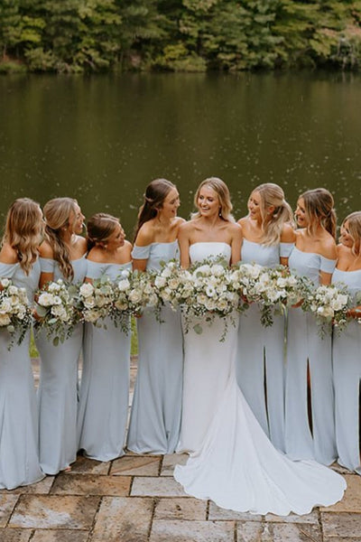 Off the Shoulder Dusty Blue Bridesmaid Dress with Slit