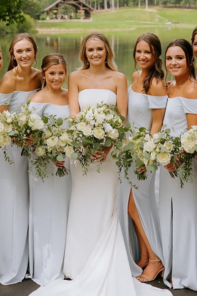 Off the Shoulder Dusty Blue Bridesmaid Dress with Slit