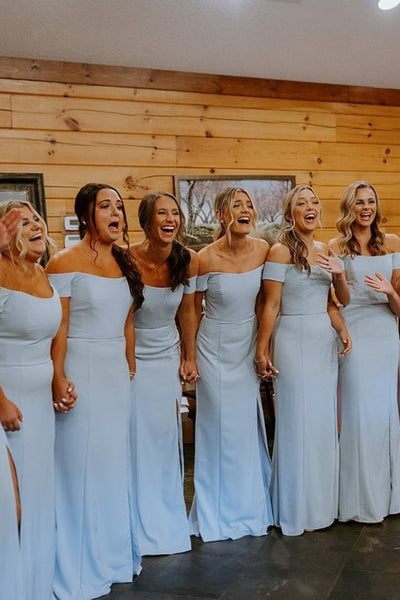 Off the Shoulder Dusty Blue Bridesmaid Dress with Slit